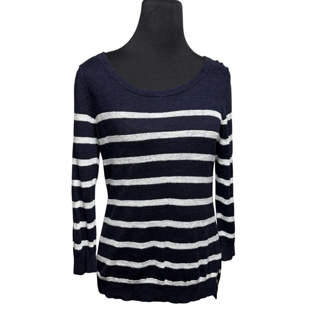 Banana Republic Sweater Linen Nautical Blue Striped Classic M Preppy Fisherman